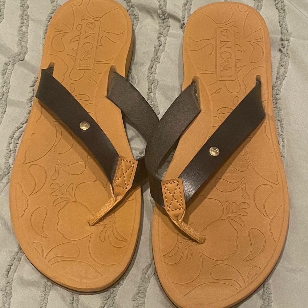 Brown and Tan Flip Flops